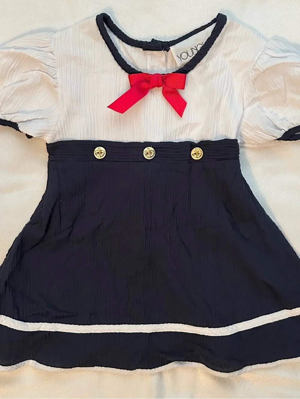 Vintage Youngland Navy & White Nautical Dress 2T Sailor Gold Button Short Sleeve